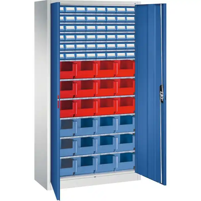 Garantierte Lieferung CP-Möbel Magazinschrank Serie 13, grau / blau, 100 x 198 x 42cm, mit 48 Regalkästen & 24 Sichtlagerkästen