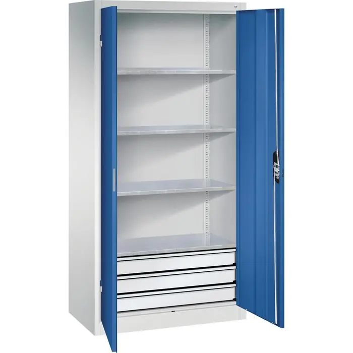 Preisreduziert CP-Möbel Werkzeugschrank 8921-503, aus Metall, grau / blau, mit 3 Schubladen & 4 Fachböden, abschließbar, 93 x 195 x 50 cm