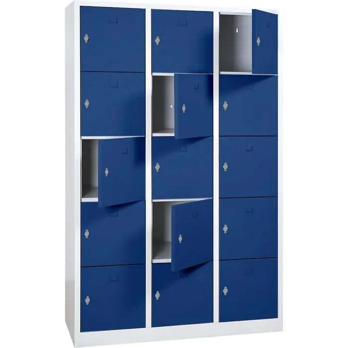 Super-Preis G-Office Schließfachschrank SHC.15, blau, 15 Fächer, Stahl, 119 x 190cm, mit Drehriegel
