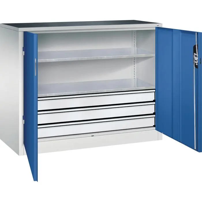 CP-Möbel Werkzeugschrank 8831-5035, aus Metall, grau / blau, mit 3 Schubladen & 2 Fachböden, abschließbar, 120 x 100 x 50cm Versand Am Gleichen Tag