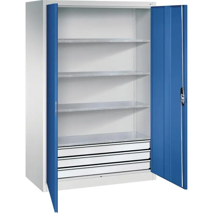CP-Möbel Werkzeugschrank 8932-503, aus Metall, grau / blau, mit 3 Schubladen & 4 Fachböden, abschließbar, 120 x 195 x 60cm Schnäppchen