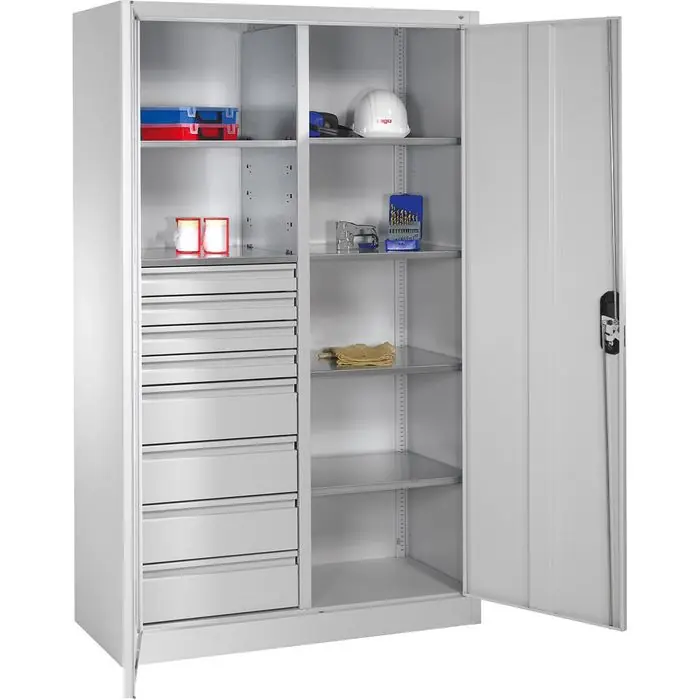 CP-Möbel Werkzeugschrank 8931-305, aus Metall, lichtgrau, mit 8 Schubladen & 6 Fachböden, abschließbar, 120 x 195 x 50cm Preiswert