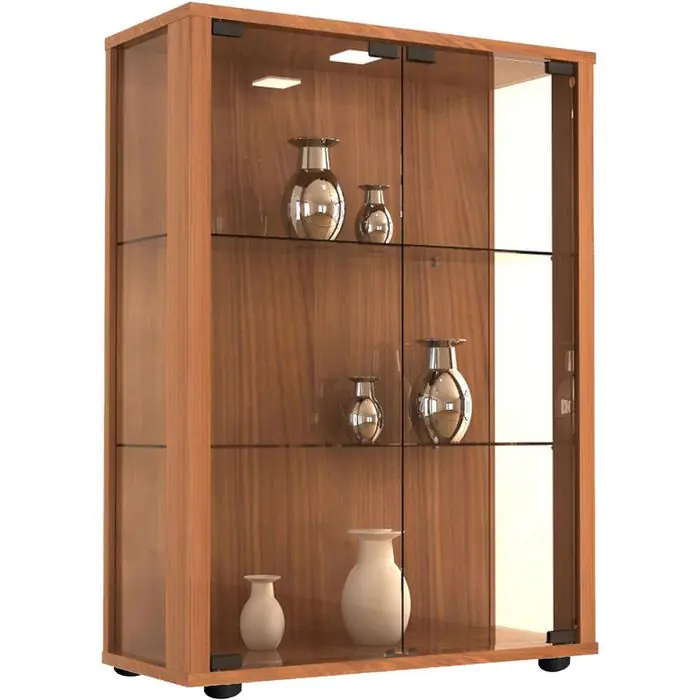 Billig VCM Glasvitrine Sintalo, stehend, mit LED-Beleuchtung, 2 Fachböden, 60 x 80 x 25cm, nussbaum