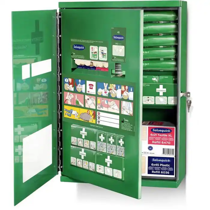 Cederroth Verbandschrank Doppeltür 290900, hängend, mit Pflasterspender, abschließbar, grün, aus Stahl, 58 x 38 cm Schneller Versand