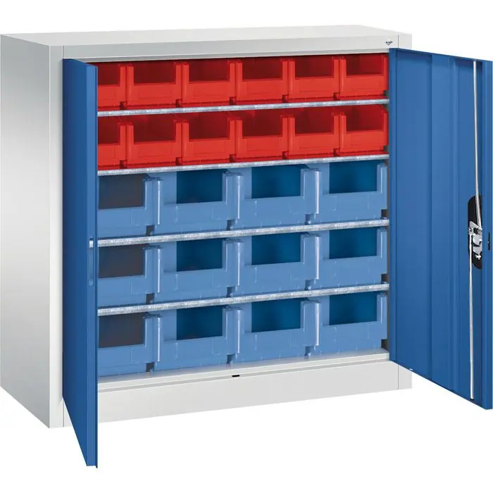 Direktkauf CP-Möbel Magazinschrank Serie 13, grau / blau, 100 x 100 x 42cm, 4 Böden mit 24 Sichtlagerkästen