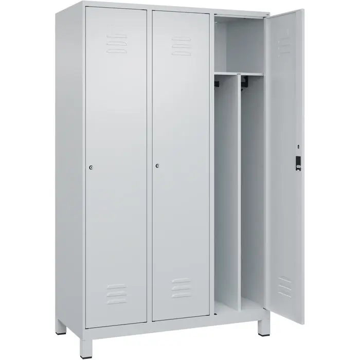CP-Möbel Spind Classic PLUS, lichtgrau, 3 Abteile mit Trennwand & Füße, Zylinderschloss, 120 x 185 cm Geprüft