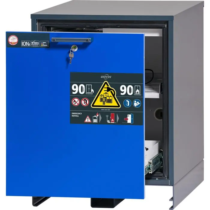 asecos Akku-Ladeschrank ION CHARGE, mit 8 Steckdosen, Feuerwiderstand Typ 90, blau, (B/H/T) 59,3 x 78 x 57,4cm Kostenloser Rückversand