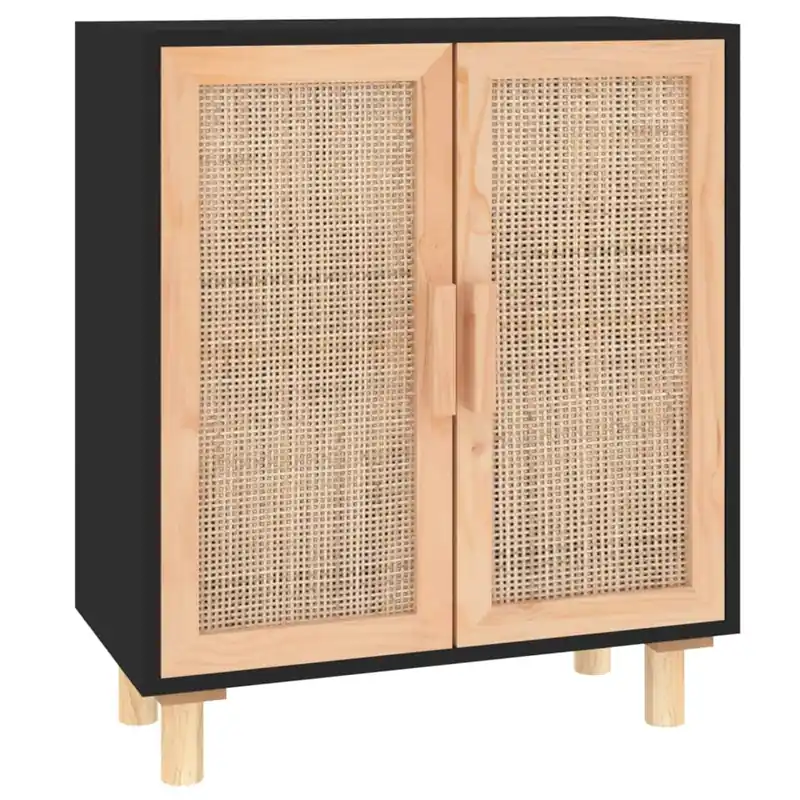 Echt vidaXL Sideboard Schwarz 60x30x70cm Massivholz Kiefer und Natur-Rattan