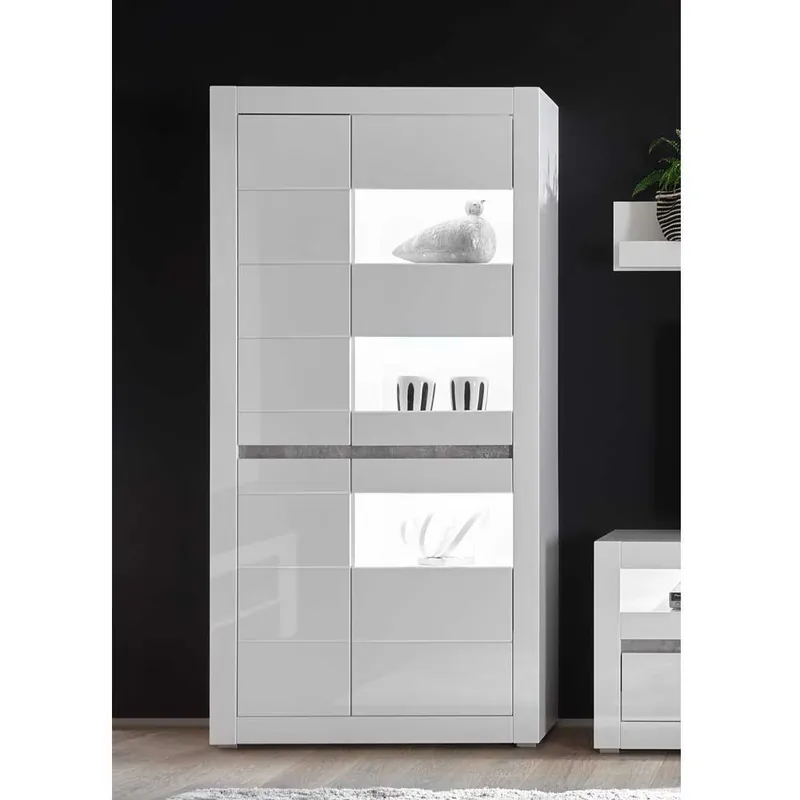 Zertifiziert Vitrine in Weiß hochglänzend Mextra mit Absetzung Beton Optik