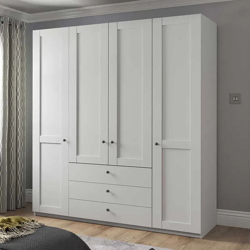 Weißer Schlafzimmerschrank 4-türig & 3 Schubladen - Flinn I Kostenfreie Lieferung