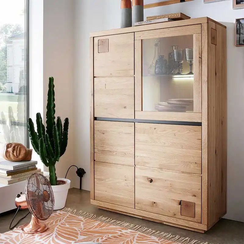 103x148x40 Modernes Holz-Highboard mit Glaseinsatz - Embleys Preisreduziert