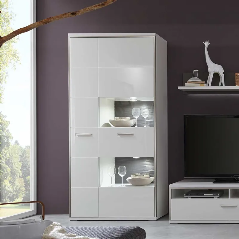 Wohnwand Vitrine Tacroma in Hochglanz Weiß Geprüft