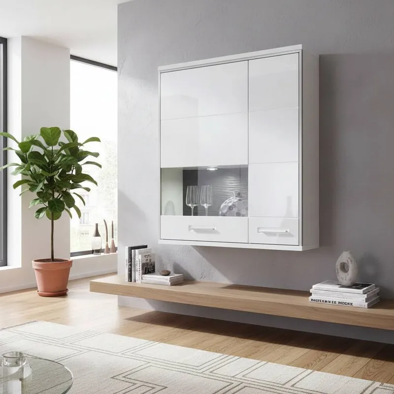 Wohnwand Hängevitrine Tacroma in Weiß Hochglanz Bestpreis