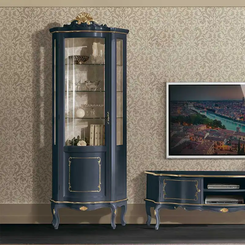 1-türige Barock Vitrine in Dunkelblau & Gold - Otaligo Neu