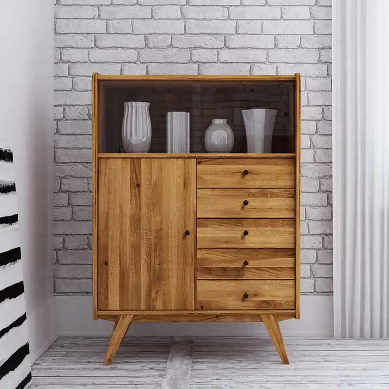 100x143x50 Mid Century Schrank mit Glas Türen - Hardus I Billig