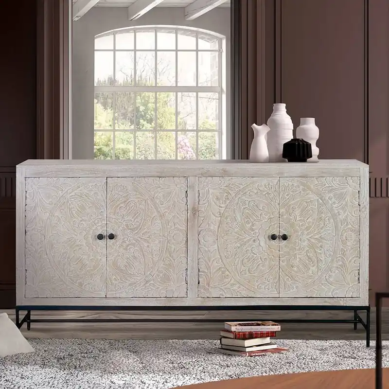 White Wash Sideboard mit Mandala Schnitzerei - Bonany Bestpreis