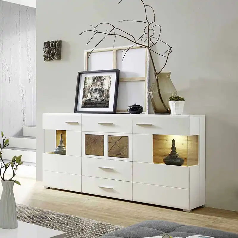 Weißes Design-Sideboard mit Glas & LED - Lisepio Zertifiziert