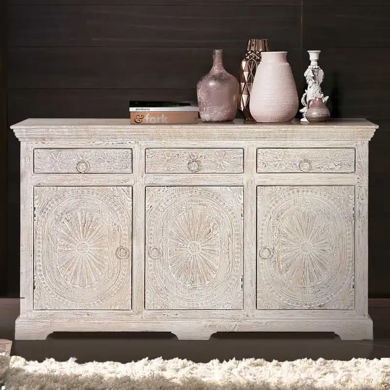 White Wash Sideboard mit Ornament Schnitzereien - Rusula Knallerangebot