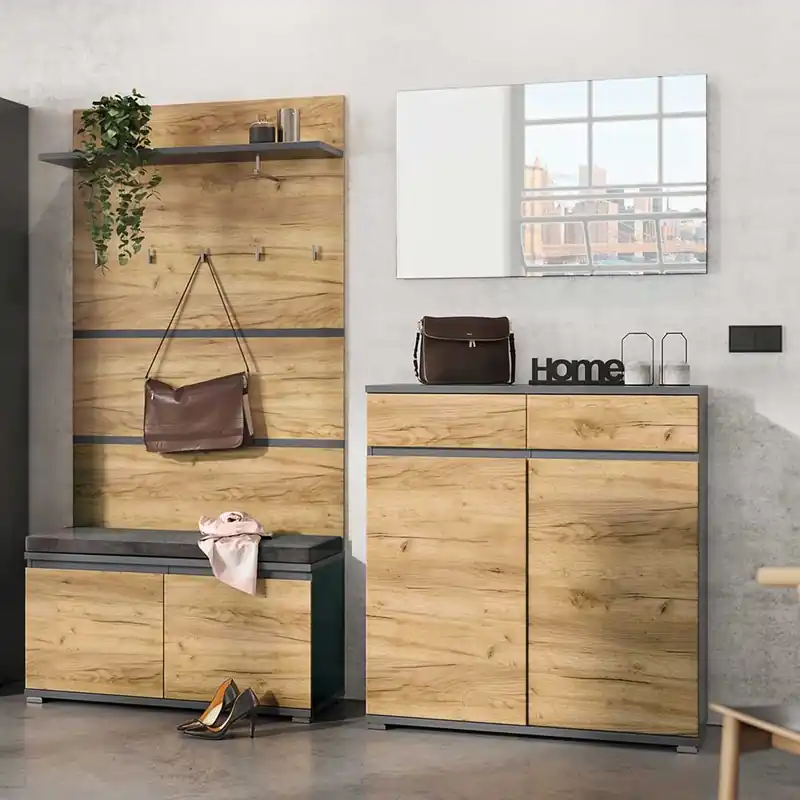 Zertifiziert Dielenmöbel Set in Dekor Wildeiche - Orsecca (vierteilig)