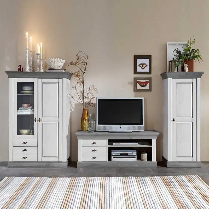 Wohnzimmer Wohnwand Mirandesca in Weiß Grau teilmassiv (dreiteilig) Super-Preis