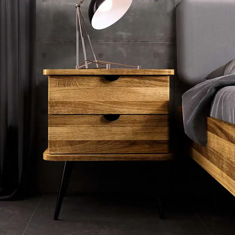 Wildeiche Nachtkommode mit hohen Stahlbeinen - Casarius Schneller Versand