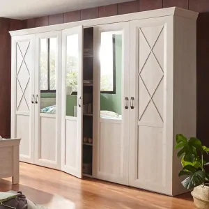 Wochenendangebot FORTE Kleiderschrank »Kashmir, TOPSELLER, klassischer Landhausstil, Made in Europe« Maße (B/T/H): 255/63/221 cm,mit Spiegel und dekorativen Fräsungen und Elementen