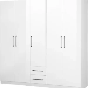 OTTO home Kleiderschrank »Sylt Schlafzimmerschrank Garderobe Schrank TOPSELLER in hochglanz weiß« 5 Türen, 2 Schubladen, schwarze moderne Griffe, 7 Einlegeböden,Drehtürenschrank mit perfekter Innenausstattung, Breite 200cm Top-Angebot