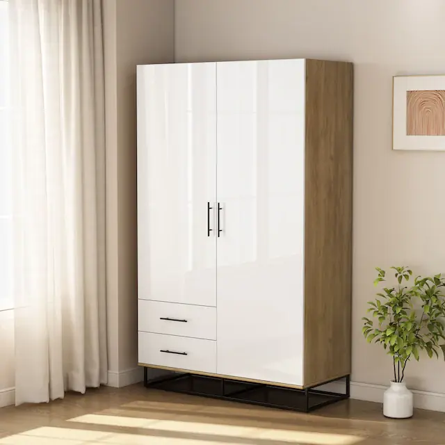 OTTO home Kleiderschrank »Lucca Schlafzimmerschrank Garderobe Hochglanz Bestseller« Hochwertige schwarze Griffe und Kufengestell aus Metall,Schlafzimmerschrank mit 2 Türen und 2 Schubladen, Breite 120cm Markenware