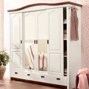 OTTO home Schiebetürenschrank »Konrad, Landhausstil, rustikal, mit Schubladen + Spiegel, Kassetten« 3 Breiten: 153/202/249 cmH/T ca.207/64 cm,massive Kiefer, FSC®-zertifiziert, Messinggriffe, mehrere Varianten Kracherpreis