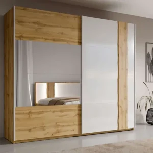 Home affaire Schwebetürenschrank »Fabella, Weiß Hochglanz mit Eiche Dekor, mit Spiegel, 2 Schwebetüren« BxHxT 250x218x66,5 cm,mit 8 Einlegeböden, 2 Metallkleiderstangen, maximaler Stauraum Must-Have