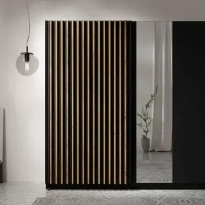 Home affaire Kleiderschrank »Kleiderschrank Camden mit Spiegel, 4 Einlegeböden und Kleiderstange« Garderobe mit 2 Schwebetüren und Lamellen, BxHxT 200,2x198,5x61,6 cm Bestseller