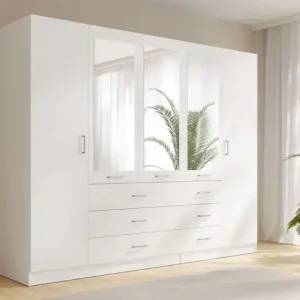 Home affaire Kleiderschrank »KOS Garderobe mit 6 Schubladen, Kleiderstange, 5 Einlegeböden, Spiegel« Wäscheschrank mit 5 Drehtüren, silber Griffen, Maße B/H/T 250/200/58cm Top-Seller