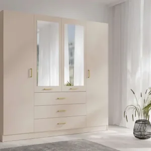 Neue Kollektion Home affaire Kleiderschrank »KOS Garderobe mit 3 Schubladen, Kleiderstange, 8 Einlegeböden, Spiegel« Kleiderschrank mit 4 Türen, goldenen Griffen, Maße B/H/T 200/200/58 cm