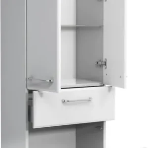 Saphir Hochschrank »Quickset Badschrank 50 cm breit, 2 Türen, 1 Schublade, 1 Wäschekippe« Badezimmer-Hochschrank inkl. Türdämpfer, Griffe in Chrom glänzend Solange Der Vorrat Reicht