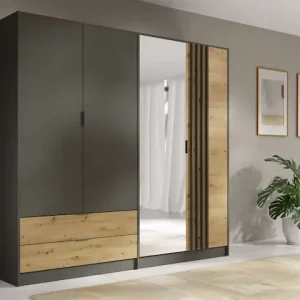 Top-Seller Home affaire Kleiderschrank »Kleiderschrank Loreto mit Schubkästen und Spiegel, B/T/H 220/54/202 cm« Schrank mit Drehtüren und Schubladen, Spiegel und MDF-Lamellen