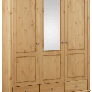 Preiswert OTTO home Kleiderschrank »Tessin, Dretürenschrank, 3-türig« B/H/T ca. 152/191/59 cm,Breite 152 cm, Kiefer massiv, mit Spiegel und 3 Schubladen