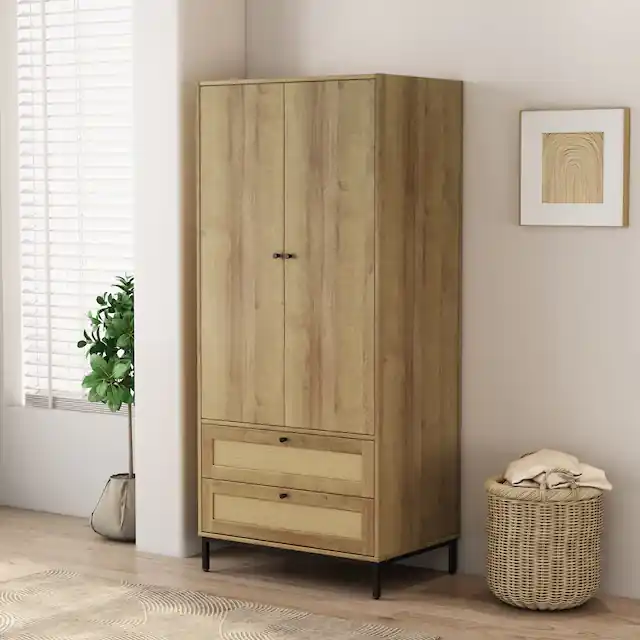 Finale Aktion OTTO home Kleiderschrank »Motala Schlafzimmerschrank Garderobe Boho Eichen-Design Bestseller« Moderne schwarze Griffe, Schublade mit Geflecht,Schlafzimmerschrank mit 2 Türen und 2 Schubladen