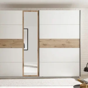 Kostenloser Rückversand Schlafkontor Kleiderschrank »Leo Schwebetürenschrank, Schiebetürenschrank mit Spiegel« Absetzung in Viking Oak heller Rillenoptik und Spiegel