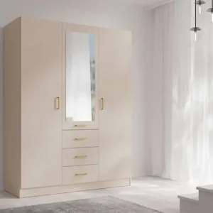 Kostenloser Versand Home affaire Kleiderschrank »KOS Garderobe mit 3 Schubladen, Kleiderstange, 4 Einlegeböden, Spiegel« Kleiderschrank mit 3 Türen, goldenen Griffen, Maße B/H/T 150/200/58 cm