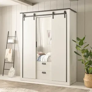 Home affaire Kleiderschrank »SHERWOOD Schlafzimmerschrank mit Spiegel ,2 Schubladen, Wäscheschrank« Schiebetüren mit Scheunentorbeschlag aus Metall, B/T/H 161/63/209cm Preis Gesenkt