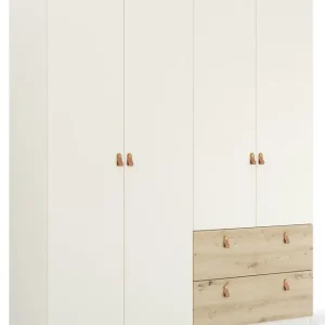 rauch Drehtürenschrank »Homey by Quadra Spin« mit cognacbraunen Ledergrifflaschen, Schubladen in Eichen-Dekor Echt