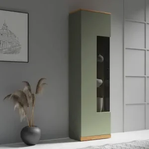 Sofort Bestellen OTTO home Vitrine »Ribe,180cm hoch,5 Fächer,2 Glasböden variabel einsetzbar« Oberplatte Eiche massiv,dunkles Glas, schwarze Metall Griffe