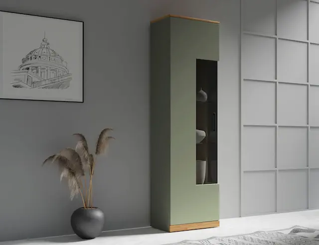 Sofort Bestellen OTTO home Vitrine »Ribe,180cm hoch,5 Fächer,2 Glasböden variabel einsetzbar« Oberplatte Eiche massiv,dunkles Glas, schwarze Metall Griffe