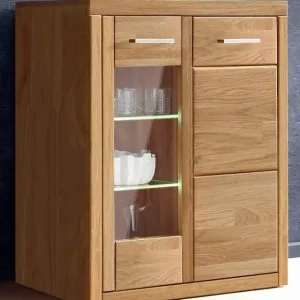 Letzte Chance OTTO home Vitrine »LOGO68, Einlegeboden verstellbar,1Glastür, Wohnzimmer, Stauraum, geölt« B/T/H:90/42/100cm,Front Eiche massivholz,6 Fächer, Griffe silberfarben