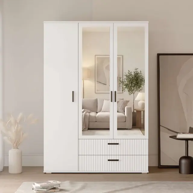 Direktkauf OTTO home Kleiderschrank »KOLLINE, modern mit viel Stauraum & geriffelter Struktur« H/B/T ca. 190/135/52cm,Garderobe 4 Fächer, Kleiderstange, 2 Schubladen, 2 Spiegel