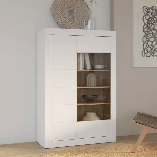 Schnäppchen FORTE Vitrine »Lefkadas« BxH=101x151,2 cm,Highboard, grifflose Front, breite Rahmenoptik, Tür mit Glaseinsatz