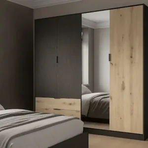 Home affaire Kleiderschrank »PERY mit Spiegel, 2 Schubladen, 4 Fächer und 2 Kleiderstangen« Garderobe mit 4 Türen und schwarzen Griffen, Maße B/T/H: 220/54/203cm Garantierte Lieferung