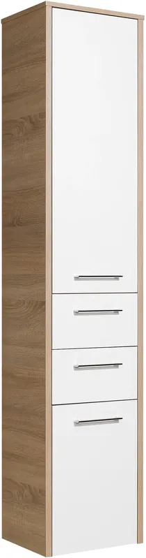 Zertifiziert Saphir Hochschrank »Quickset 382 Badschrank 40 cm breit, 2 Türen, 2 Schubladen« Badezimmer-Hochschrank, Weiß Hochglanz, Griffe in Chrom glänzend