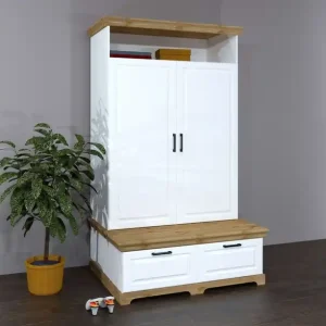 Geprüft OTTO home Kleiderschrank »Rügen Garderobenschrank, Drehtürenschrank, Schrank« FSC® zertifizierte massive Kiefer, Breite 127 cm, integrierte Bank