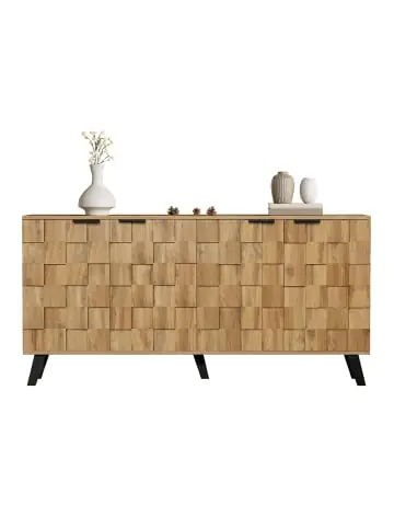 Direktkauf ABRIHOME Sideboard in Schwarz mit 4 strukturierten Türen 160,5x35,5 cm und Holzoptik günstig kaufen | limango
